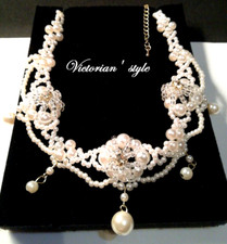 COLLANA-GIROCOLLO VICTORIAN'STYLE PERLE FAUX, CRISTALLI ,TOPAZI-FUME',ORO GIALLO