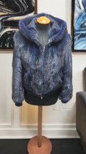 Bomber Visone  Blu ,  Cappuccio Con Jeans e Nappa In Tinta ,Polso In Lana