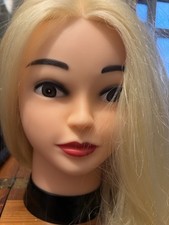 Manichino testa allenamento parrucchiere con morsetto inutilizzato capelli lunghi biondi