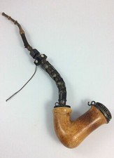 Antique Long Stem carved Meerschaum & Horn pipe with 800 silver & MOP mounts 