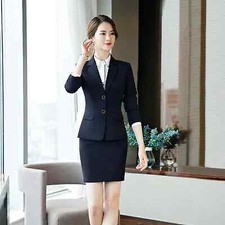 Elegante Tailleur completo donna blu scuro giacca manica lunga gonna 7176