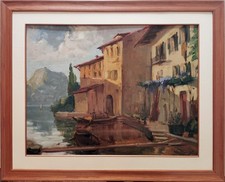 Quadro grande olio su tela firmato. Dipinto panorama lago di Como. Ricca cornice