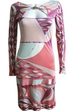 Abito Emilio Pucci bianco rosa multi stampa ritagliato IT 48 US 12/14