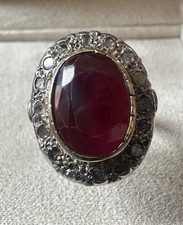 ANELLO STILE ANTICO IN ARGENTO ED ORO CON DIAMANTI ROSE E PIETRA ROSSA