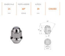N1118 DADO RUOTA OEM M12 x 1,5 x 34 CONICO 60° HYUNDAI GETZ I10 I20 I30 IX35