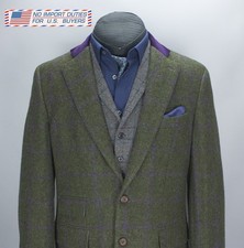 Giacca uomo Scabal tweed verde con overcheck viola 52R cappotto sportivo toppa gomito