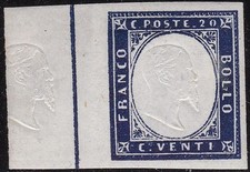 1862 SARDEGNA, n. 15E 20 cent. indaco MNH/** EFFIGIE SU BORDO FOGLIO