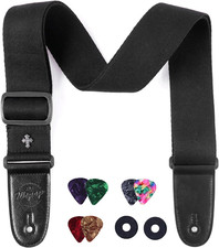 Tracolla per Chitarra Nero Regolabile Classica Cotone Con Estremità in Pelle Pu,