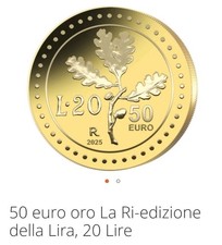 Moneta ORO 999‰  15,556 grammi 2025 “Riedizione della Lira 20 Lire Quercia”