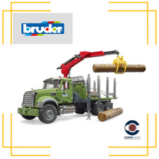 BRUDER Camion MACK trasporto legname con gru di carico, pinza e 3 tronchi