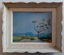 Dipinto a olio su cartoncino Paesaggio anni '40 senza firma dim. 35x27,2 cm