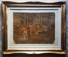 Antico acquarello Rococò/Barocco scorcio con dame, carrozze, cavalli, cani