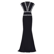 Abito vestito Tadashi Shoji nero avorio bordo ricamato scollo a V taglia 16 NUOVO sera