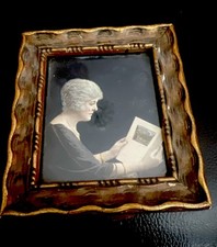 Quadro antico miniatura dipinto a mano dama lettura cornice legno firmato