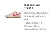 Nike Dunk Low Sail/Photon Dust/Light Smoke Grey/Picante Red Taglia/misura 44