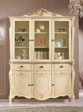 CRISTALLIERA CREDENZA MADIA  VETRINA 3 ANTE IN LEGNO AVORIO E ORO