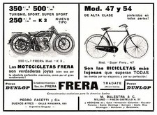 PUBBLICITA' 1926 FRERA MOTO 250CC K3  BICICLETTA 47-54 TRADATE FACETTI ARGENTINA