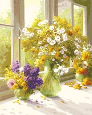 SCHEMA SCHEMI PUNTO CROCE VASI FIORI SU FINESTRA RICAMO