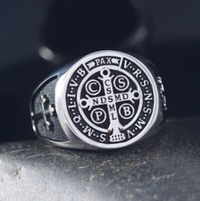 Anello San Benedetto con Croce Medaglia a Talismano Argento Sterling Massiccio