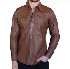 Camicia uomo marrone 100% vera pelle morbida pelle di agnello maniche lunghe ...