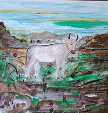 Quadro moderno 50x50 semi astratto acrilico su tela dipinto a mano mucca bianca