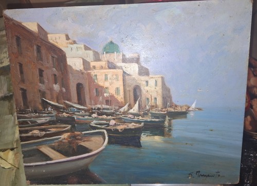 Dipinto olio marina porto - marina,