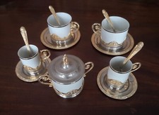 Servizio 2 tazzine caffè e 2 tazzine the in porcellana e argento 800/°°°