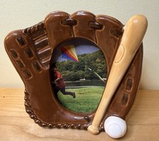GUANTO DA BASEBALL marrone con cornice portafoto in ceramica con PIPISTRELLO e PALLA FOTO dimensioni ~2,5X3,5