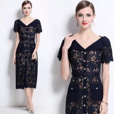 Tubino In Pizzo Blu Con Tasche