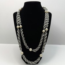Collana lunga dichiarazione perle finte tono argento maglia catena gioielli 24 in L