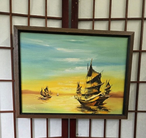 Dipinto olio barche spazzatura