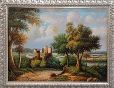 quadro dipinto a olio su tela paesaggio castello con cornice argent stile antico