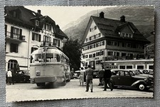 Old Photo Postcard size - Andermatt Switzerland - cars, bus and hotels in 1958