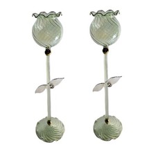 Porta candela candeliere bugia in vetro soffiato verde set da 2 con fiore bianco