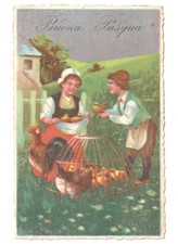1929 casa di campagna bambini gallo gallina pulcini cartolina Buona Pasqua