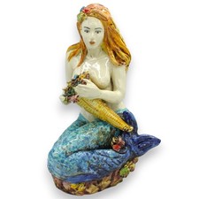 Sirena con Cornucopia di fiori su Scoglio, ceramica Caltagirone, h 30 x 18 cm ca