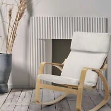Poltrona a Dondolo Moderna legno Betulla Sedia Relax Cotone Beige Poggiatesta