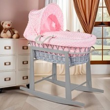 Lusso Moses Cestino Imbottito Vimini Bambino Set Completo Dondolo Manico Grigio/Rosa