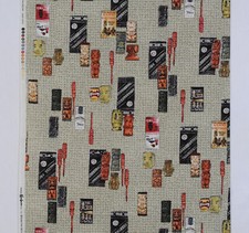 HAWAIIAN TIKI MUGS & TAPA CLOTH COTTON FABRIC BEIGE BASKET WEAVE BACKGROUND NEW