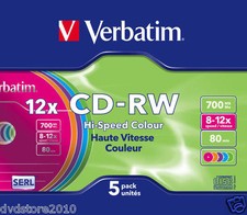 5 VERBATIM CD-RW 12X CD -RW RESCRIVIBILI SLIM CASE 43167 COLOUR 700MB