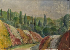 DIPINTO OPERA ad OLIO SU MASONITE QUADRO PAESAGGIO di CAMPAGNA epoca XX secolo