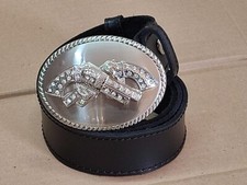 Cintura artigianale in cuoio Fibbia 2 pistole tamburo con strass