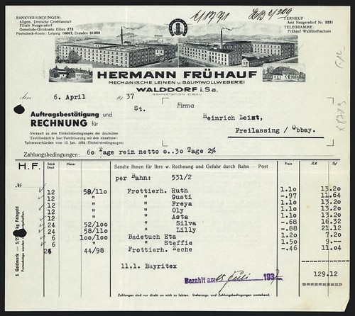 Fattura walddorf 1937 - fattura,