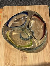 Ciotola vetro artistico vintage rumena tre scomparti rosso, verde, giallo c1960