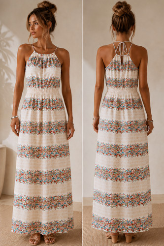 Swan maxi dress cream blue - by,