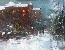 Dipinto olio originale 40x50 cm paesaggio urbano invernale neve strada sera arte regalo