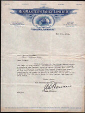 1924 Halifax Canada - Phonograph - His Masters Voice - Letter Head Rare history