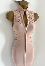 ABITO MIDI KAREN MILLEN S TAGLIA 10 12 BORCHIE MAGLIA FINE ZIP IN ROSA NUDO
