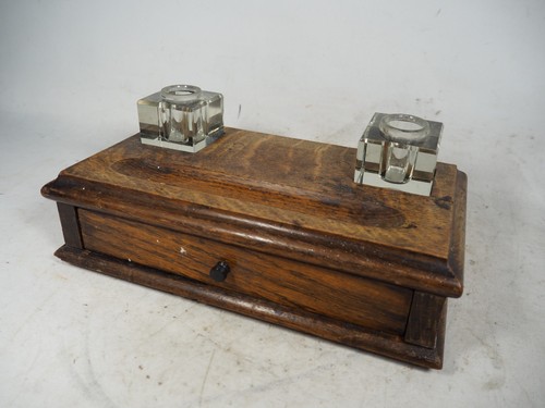 Antique oak inkwell double - inkwell,