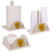 Set 3 pz Porta Bicchieri, Tovaglioli e Rotolo in legno SHABBY GIRASOLE